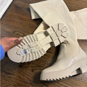 Cream Ribbed Over The Knee Boots
